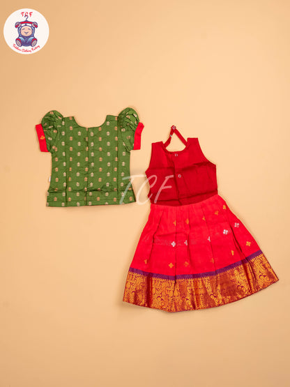 Green & Dark Pink - Girls Readymade Pavadai Sattai