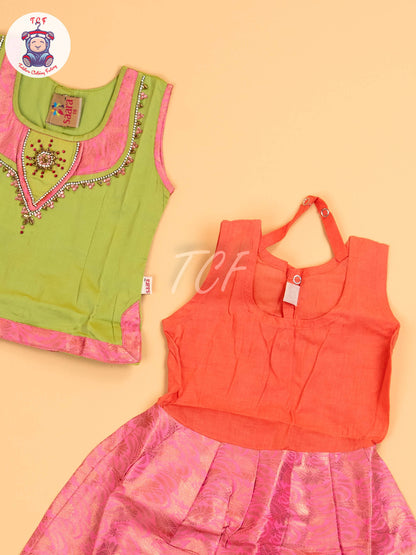 Leave Green & Lite Pink - Girls Readymade Pavadai Sattai