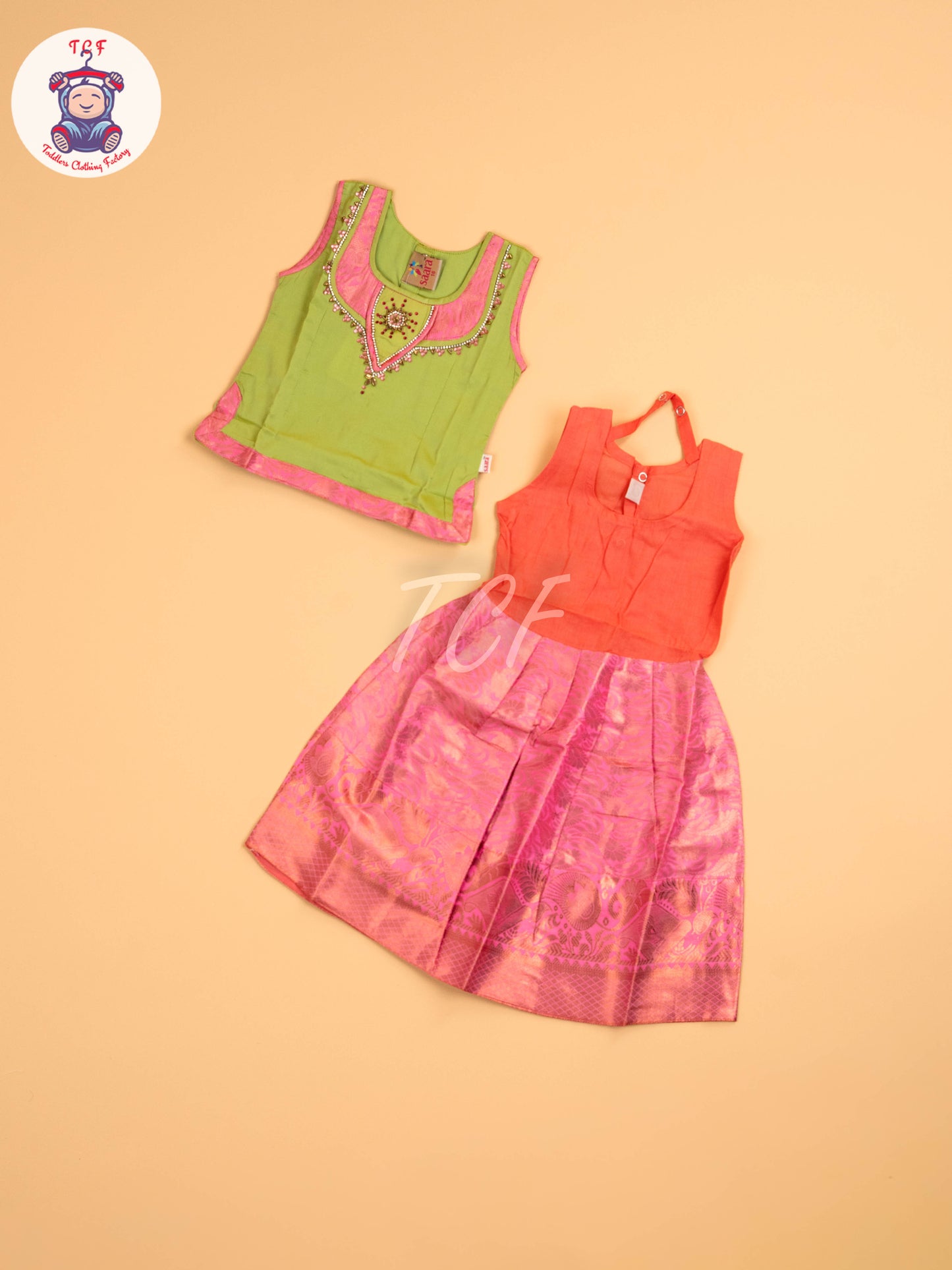 Leave Green & Lite Pink - Girls Readymade Pavadai Sattai