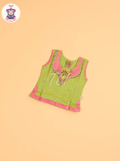 Leave Green & Lite Pink - Girls Readymade Pavadai Sattai