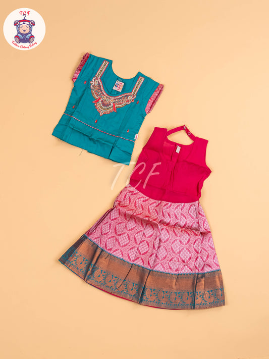 Green & Pink - Girls Readymade Pavadai Sattai