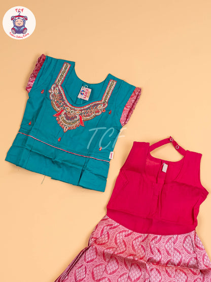 Green & Pink - Girls Readymade Pavadai Sattai