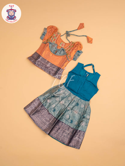 Peach & Teal Green - Girls Readymade Pavadai Sattai