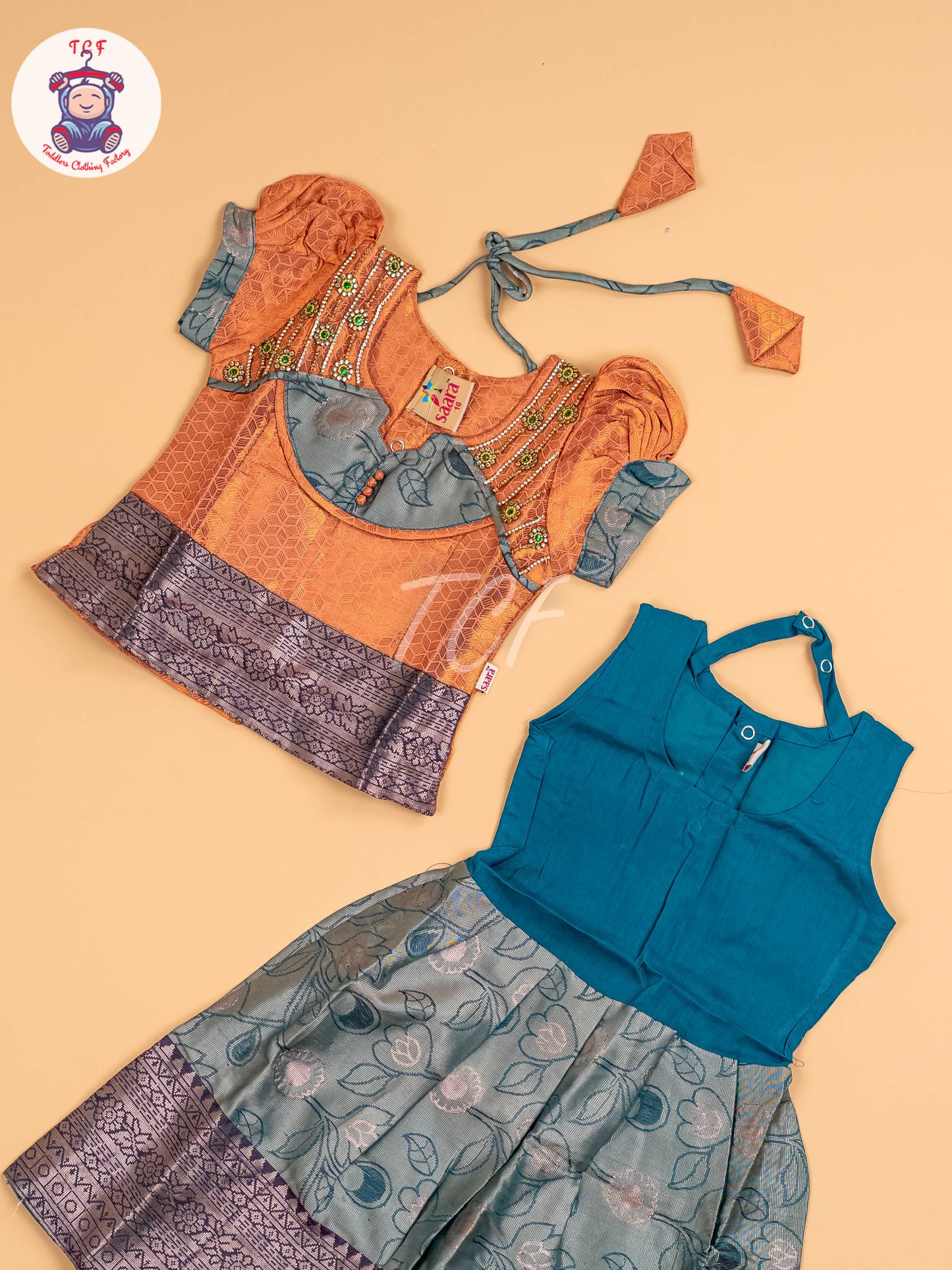 Peach & Teal Green - Girls Readymade Pavadai Sattai