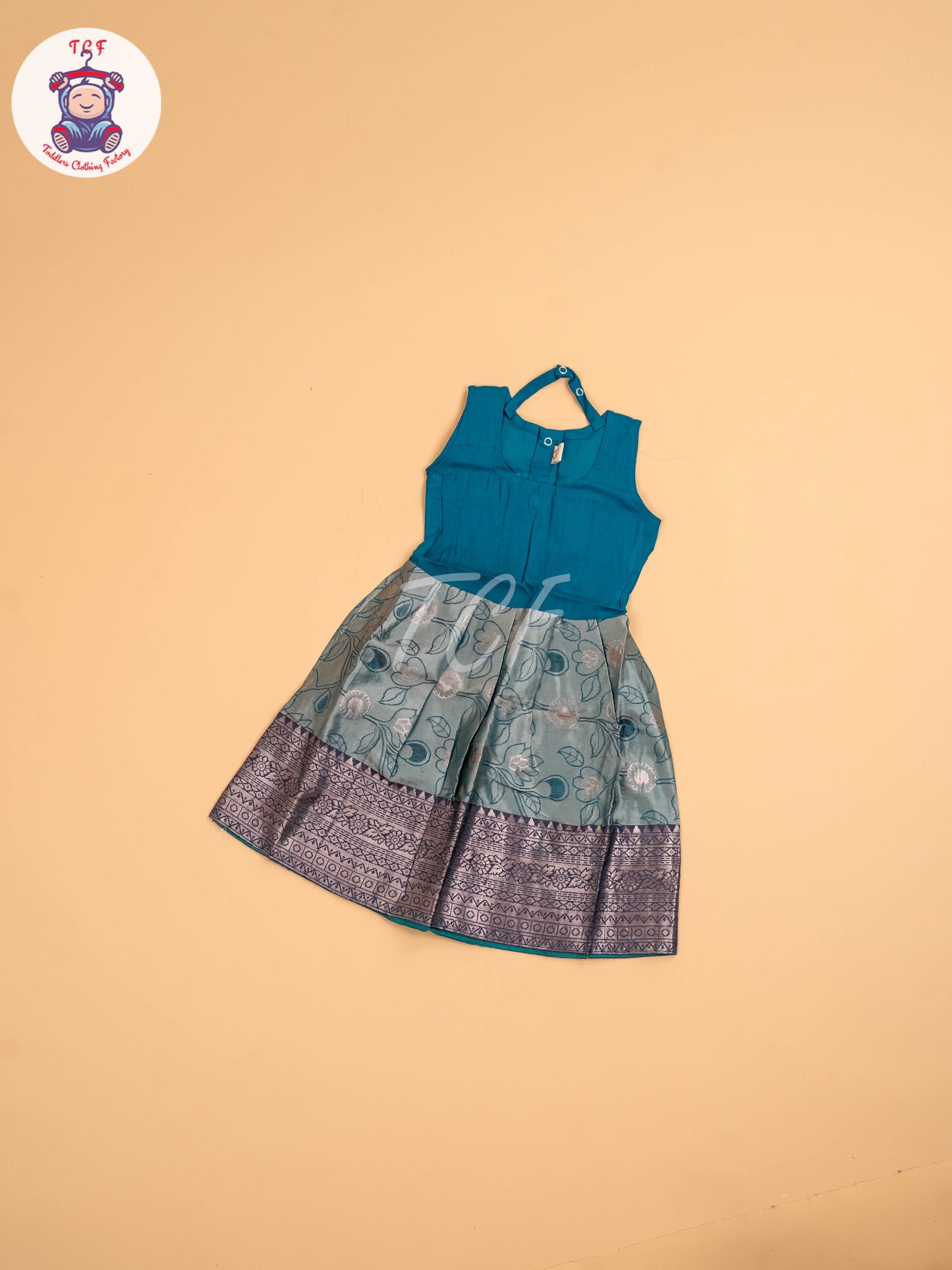 Peach & Teal Green - Girls Readymade Pavadai Sattai