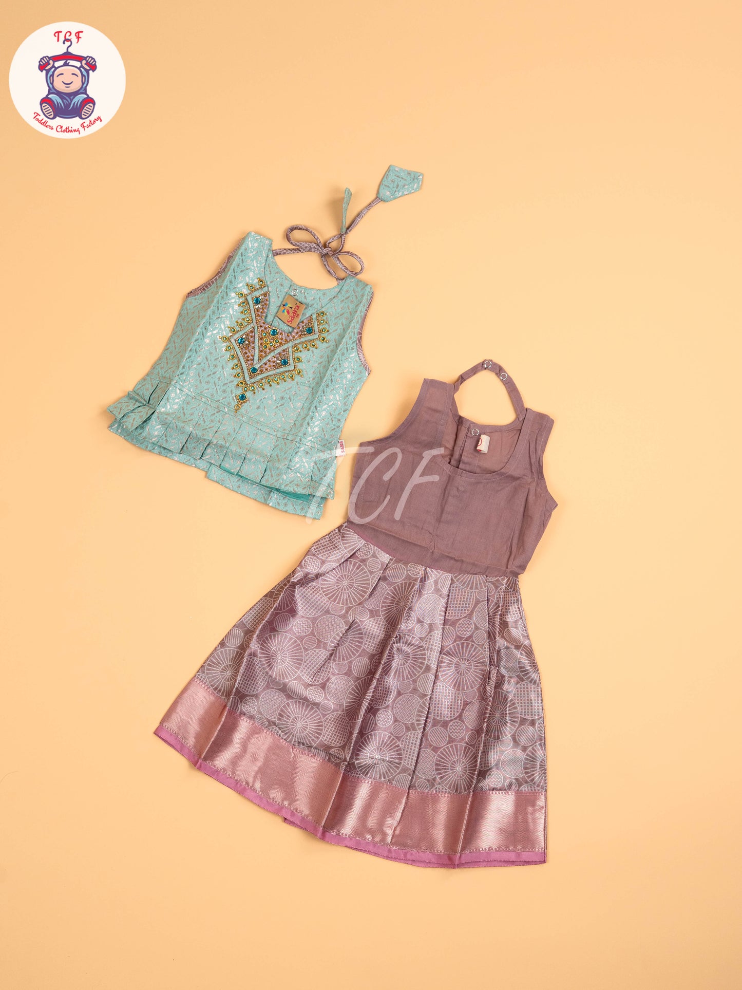 Pastel Green & Onion Pink - Girls Readymade Pavadai Sattai