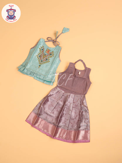 Pastel Green & Onion Pink - Girls Readymade Pavadai Sattai