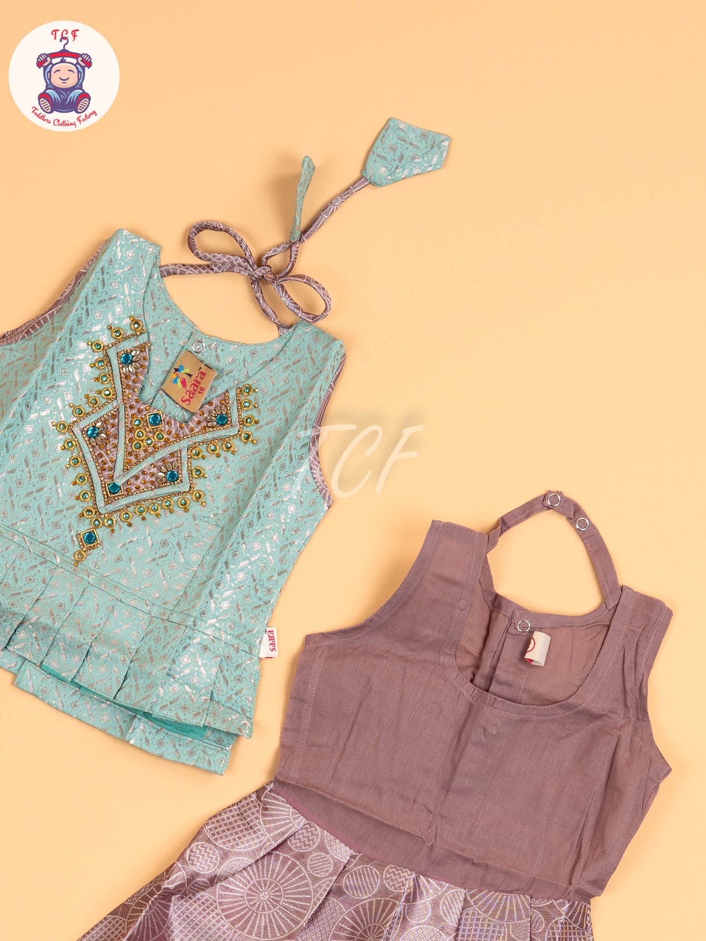 Pastel Green & Onion Pink - Girls Readymade Pavadai Sattai