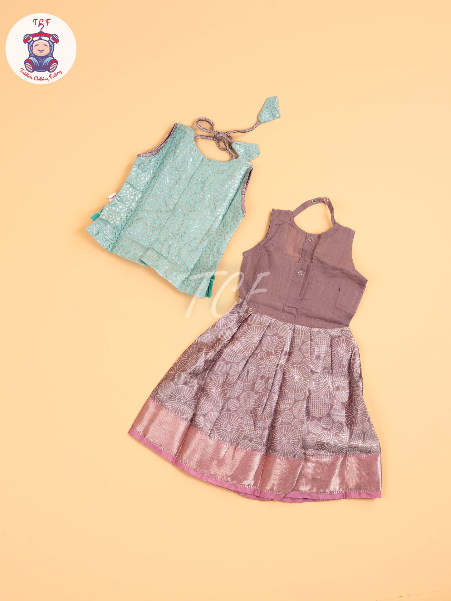 Pastel Green & Onion Pink - Girls Readymade Pavadai Sattai