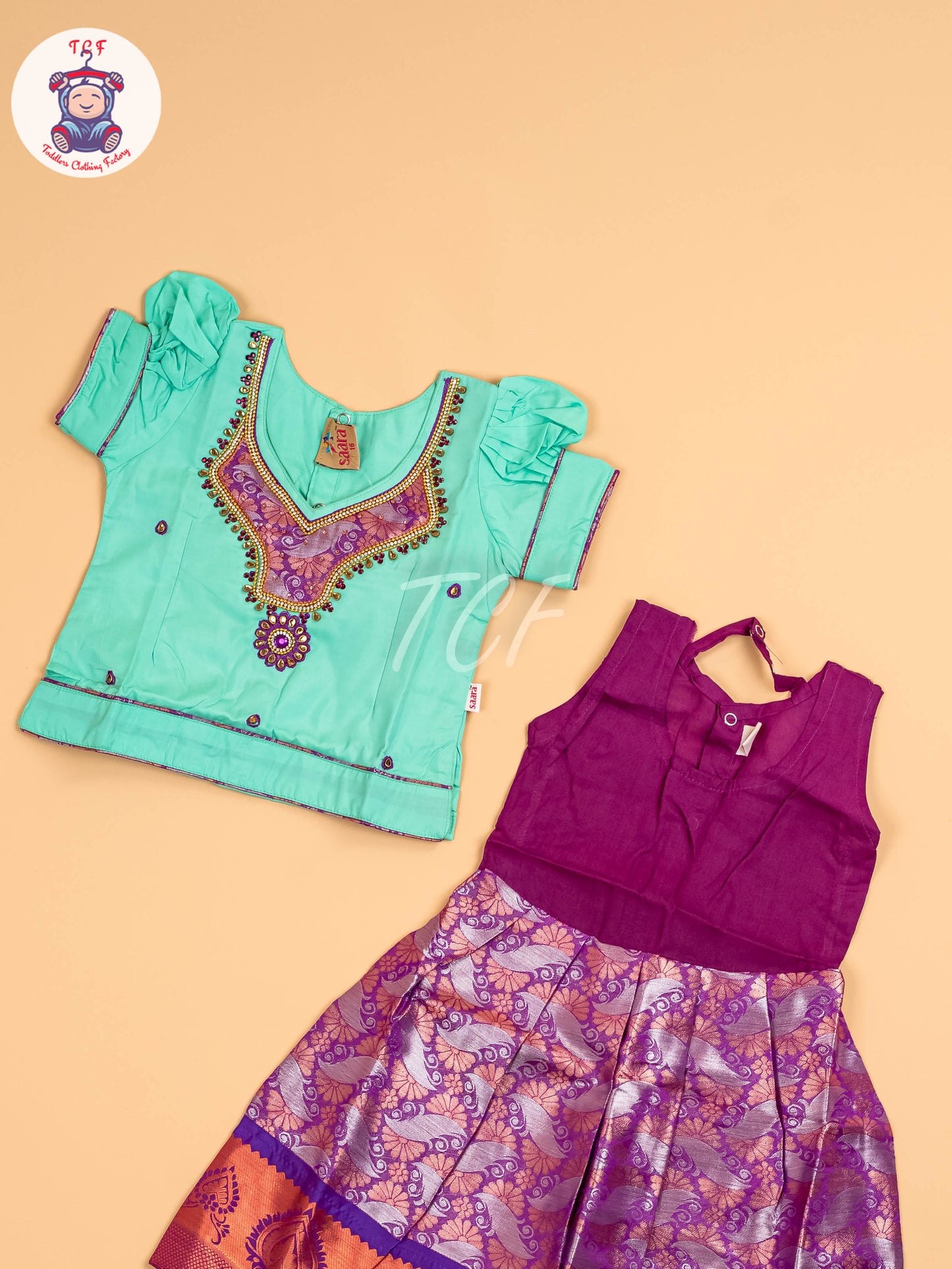 Teal Green & Purple - Girls Readymade Pavadai Sattai