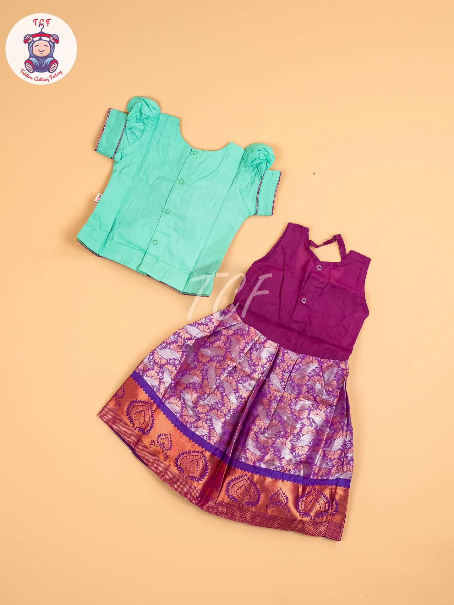 Teal Green & Purple - Girls Readymade Pavadai Sattai