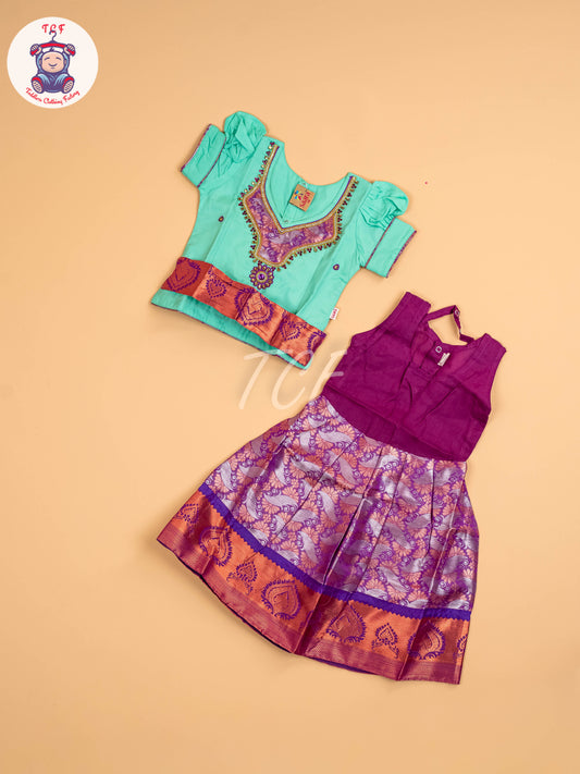Teal Green & Purple - Girls Readymade Pavadai Sattai