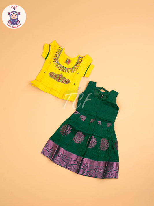 Lemon Yellow & Dark Green - Girls Readymade Pavadai Sattai