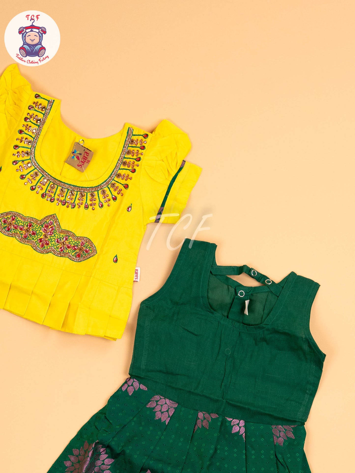 Lemon Yellow & Dark Green - Girls Readymade Pavadai Sattai