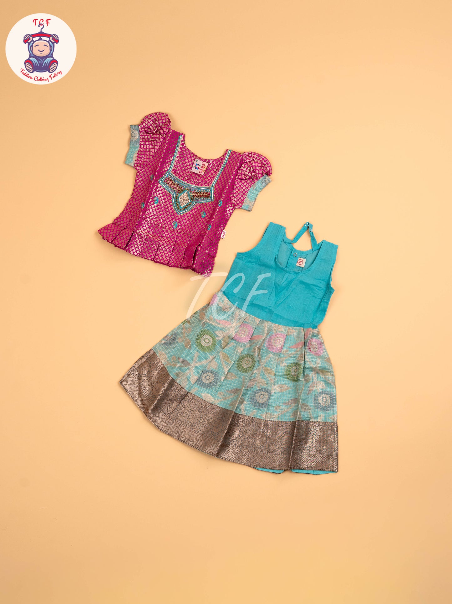 Pink & Teal Blue - Girls Readymade Pavadai Sattai