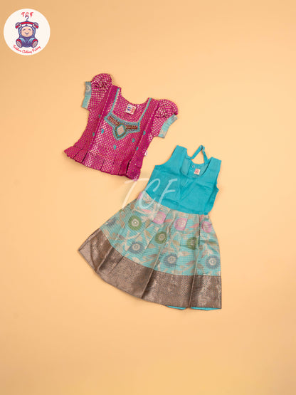 Pink & Teal Blue - Girls Readymade Pavadai Sattai