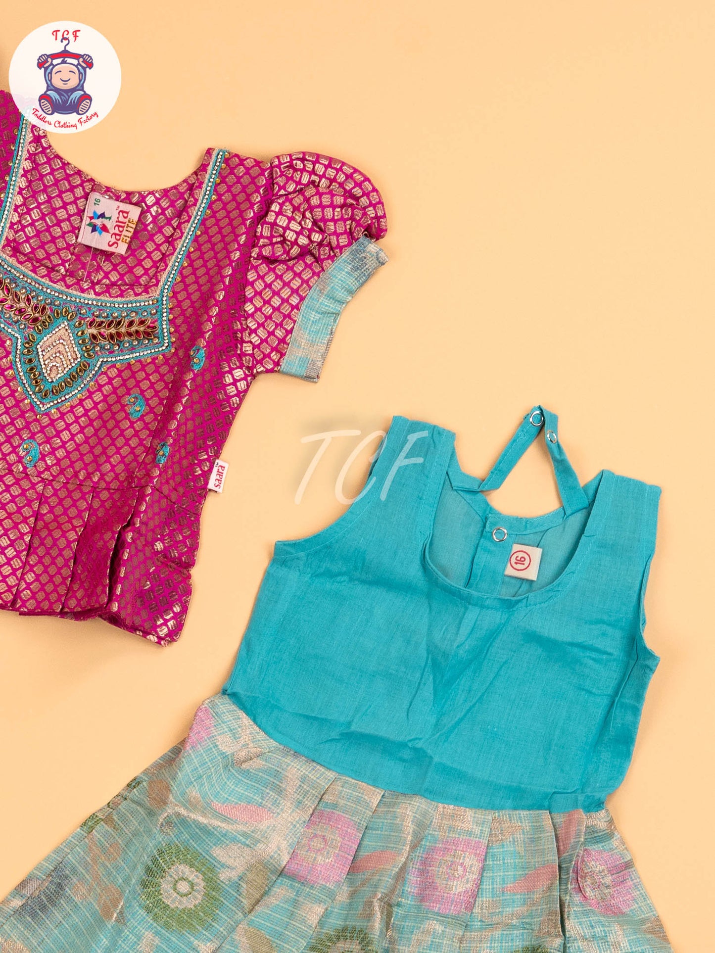 Pink & Teal Blue - Girls Readymade Pavadai Sattai