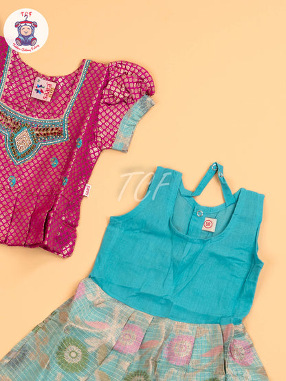 Pink & Teal Blue - Girls Readymade Pavadai Sattai