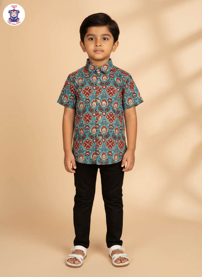 Light Blue & Maroon - Boys Readymade Cotton Printed Shirts