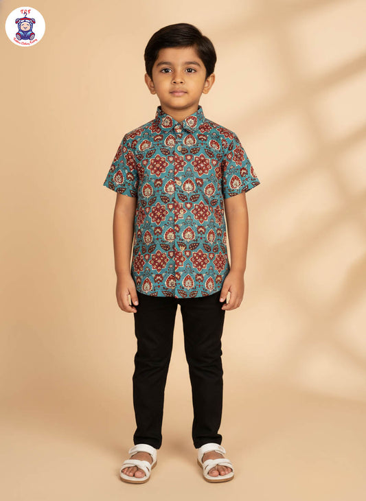Light Blue & Maroon - Boys Readymade Cotton Printed Shirts