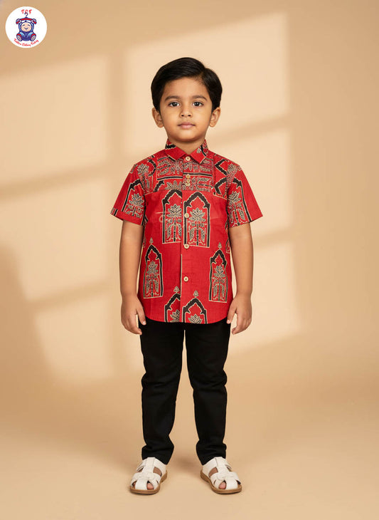 Red & Black - Boys Readymade Cotton Printed Shirts