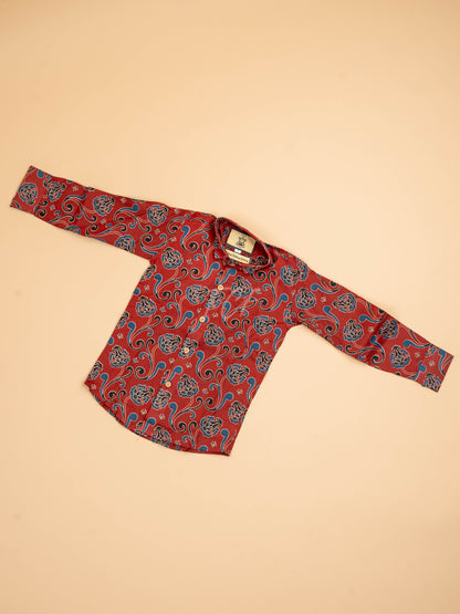 Maroon & Blue - Boys Readymade Cotton Printed Shirts
