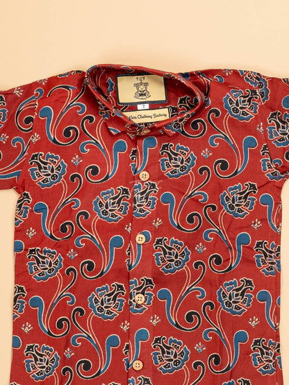 Maroon & Blue - Boys Readymade Cotton Printed Shirts