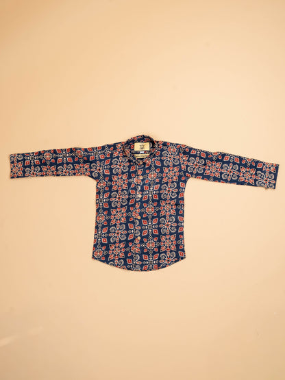 Blue & Maroon - Boys Readymade Cotton Printed Shirts
