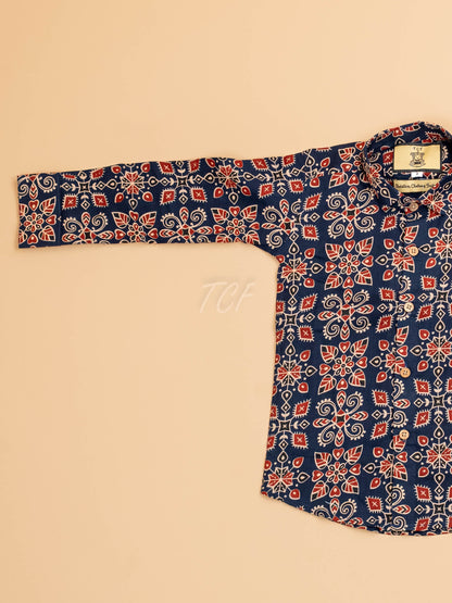 Blue & Maroon - Boys Readymade Cotton Printed Shirts