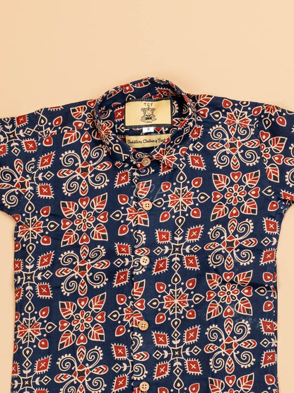 Blue & Maroon - Boys Readymade Cotton Printed Shirts