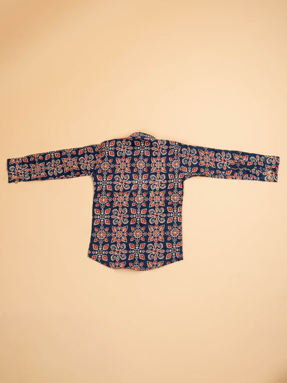 Blue & Maroon - Boys Readymade Cotton Printed Shirts
