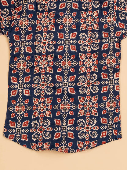 Blue & Maroon - Boys Readymade Cotton Printed Shirts