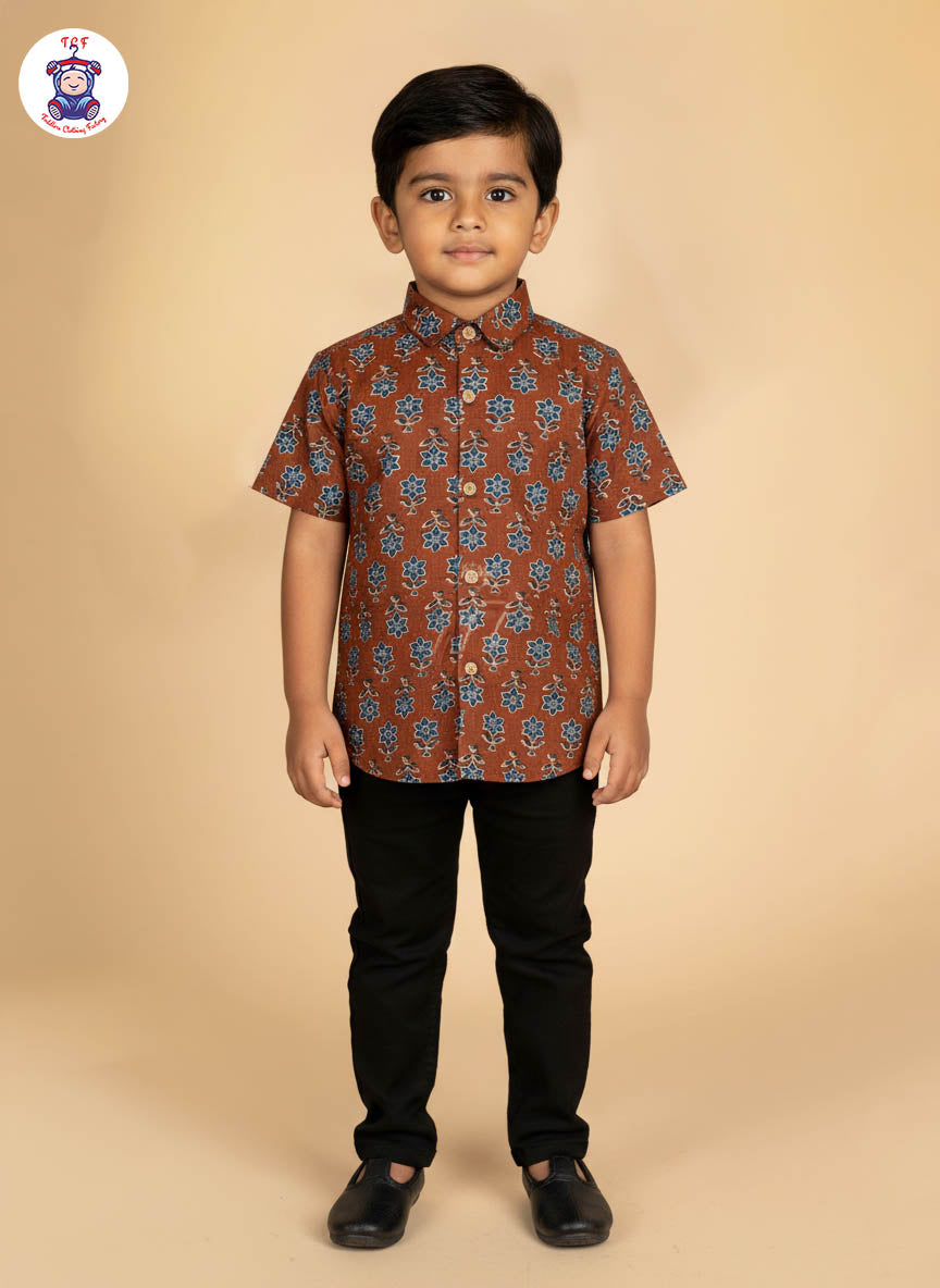Brown & Blue - Boys Readymade Cotton Printed Shirts