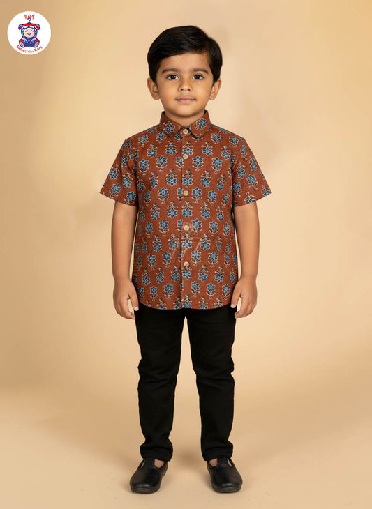 Brown & Blue - Boys Readymade Cotton Printed Shirts