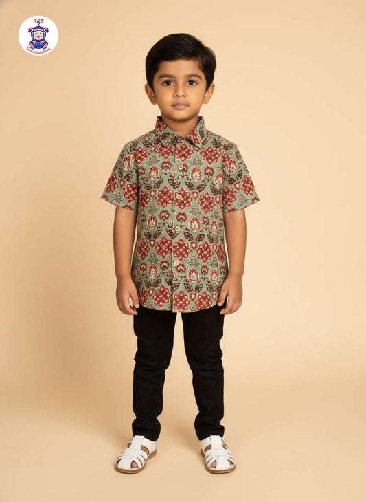 Light Green & Maroon - Boys Readymade Cotton Printed Shirts
