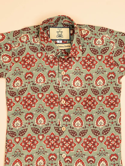 Light Green & Maroon - Boys Readymade Cotton Printed Shirts