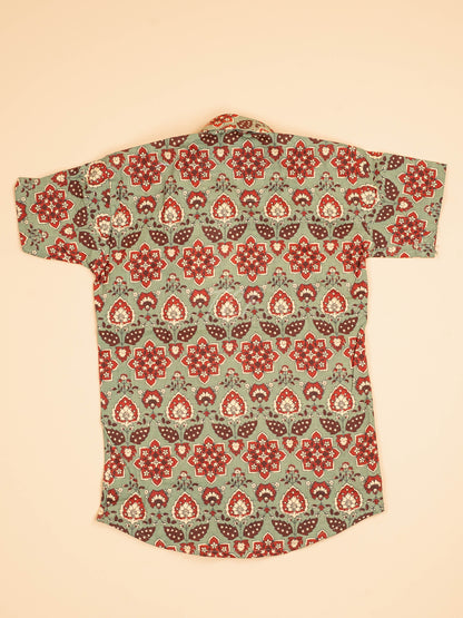 Light Green & Maroon - Boys Readymade Cotton Printed Shirts