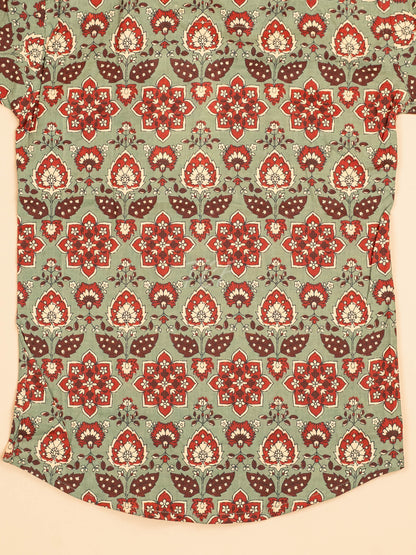 Light Green & Maroon - Boys Readymade Cotton Printed Shirts