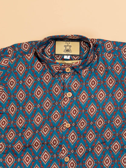 Sky Blue & Maroon - Boys Readymade Cotton Printed Shirts