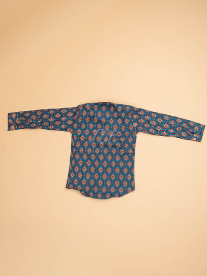 Sky Blue & Maroon - Boys Readymade Cotton Printed Shirts