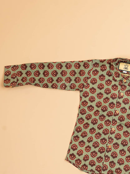 Light Green & Maroon - Boys Readymade Cotton Printed Shirts