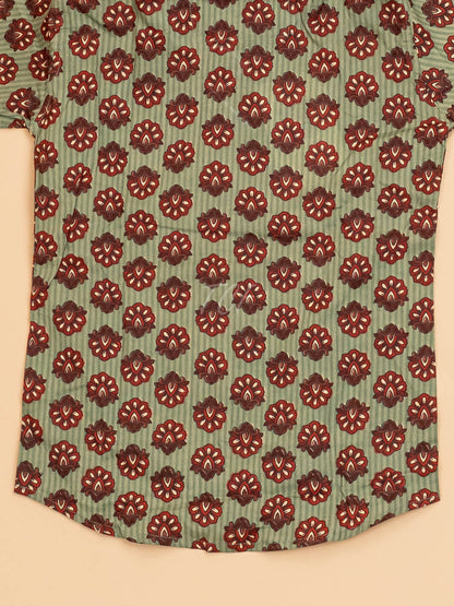 Light Green & Maroon - Boys Readymade Cotton Printed Shirts