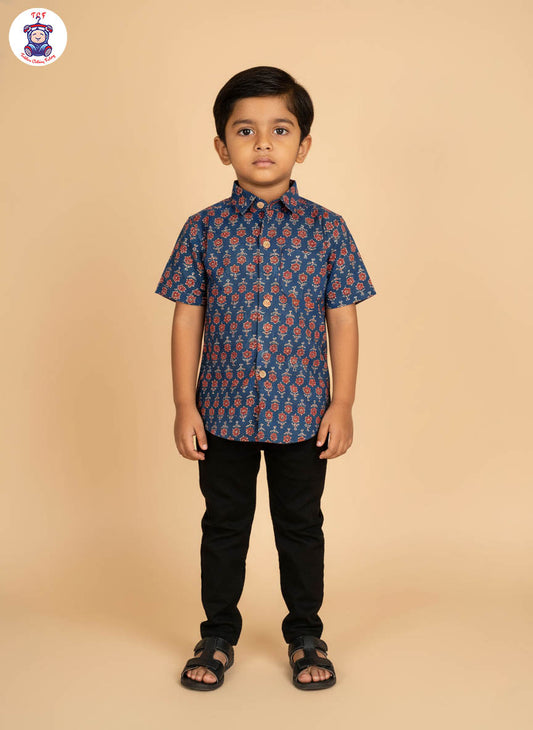 Blue & Maroon - Boys Readymade Cotton Printed Shirts