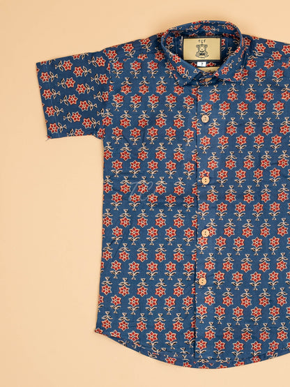Blue & Maroon - Boys Readymade Cotton Printed Shirts