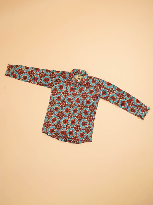 Light Blue & Maroon - Boys Readymade Cotton Printed Shirts