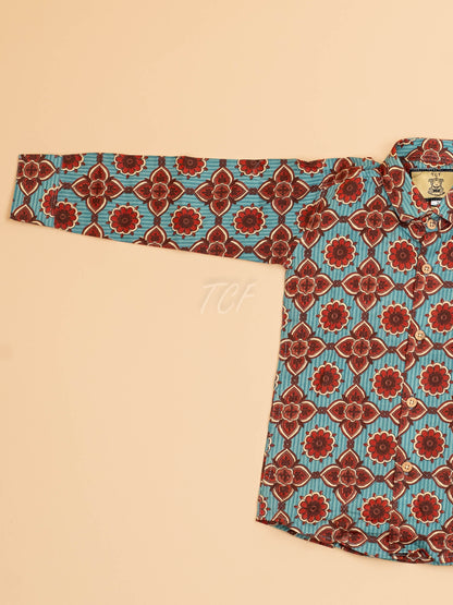 Light Blue & Maroon - Boys Readymade Cotton Printed Shirts