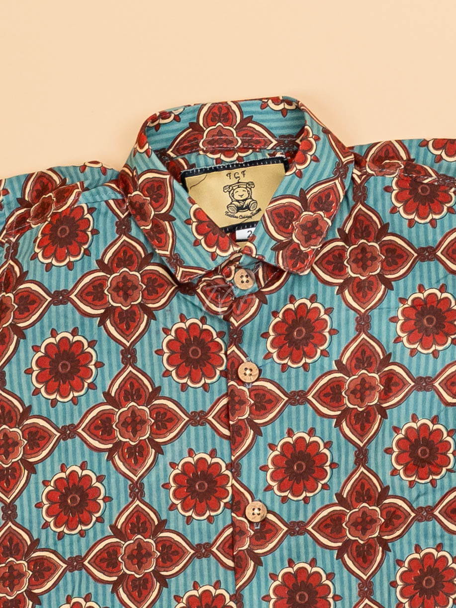 Light Blue & Maroon - Boys Readymade Cotton Printed Shirts