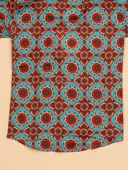 Light Blue & Maroon - Boys Readymade Cotton Printed Shirts