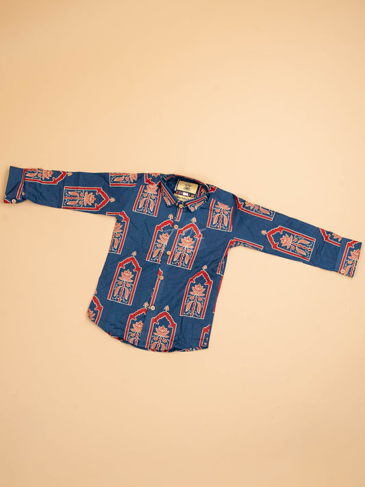 Blue & Maroon - Boys Readymade Cotton Printed Shirts