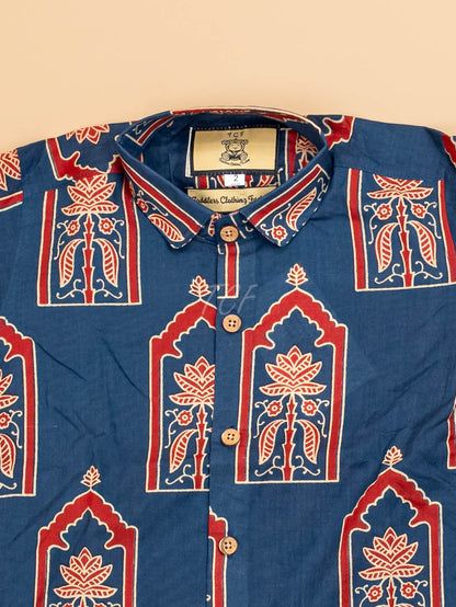 Blue & Maroon - Boys Readymade Cotton Printed Shirts